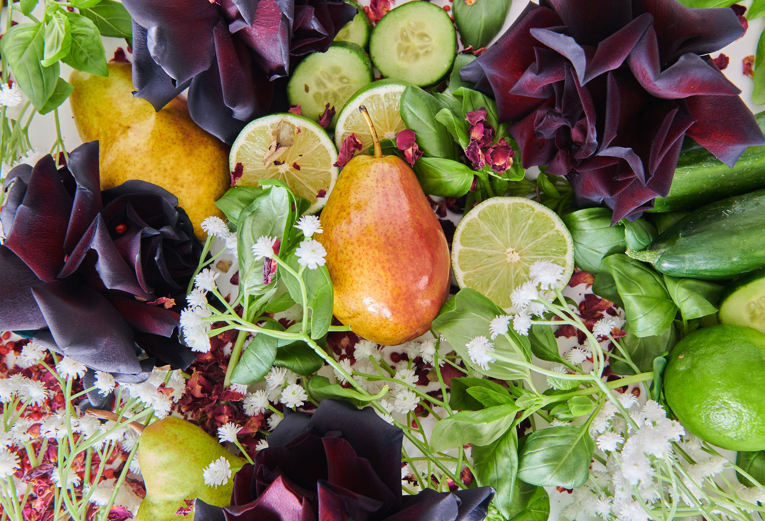 Pears, Elderflowers, Limes, Cucumber, Basil, Rose, Pink Peppercorns Seltzer ingredients
