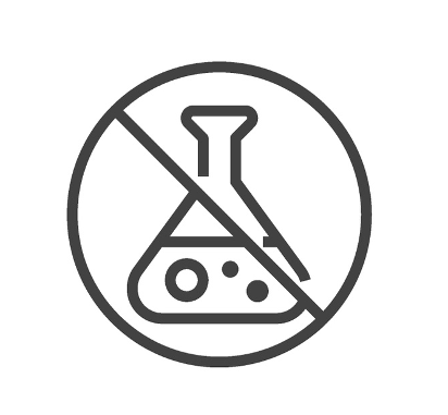 picture of a chemistry flash with liquid inside and a cross through it - indicating no artificial ingredients